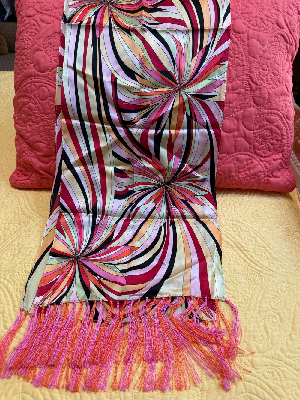 Talbots Multi-Color Swirl Print Fringe Silk Scarf - Pink Accents